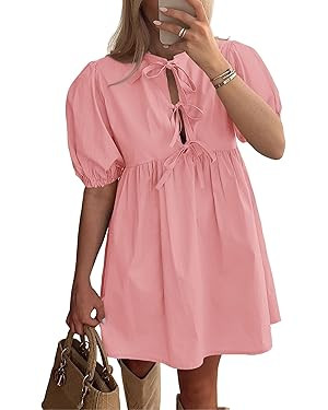 PRETTYGARDEN Womens 2025 Summer Casual Short Sleeve Dresses A Line Bow Tie Front Babydoll Loose C... | Amazon (US)