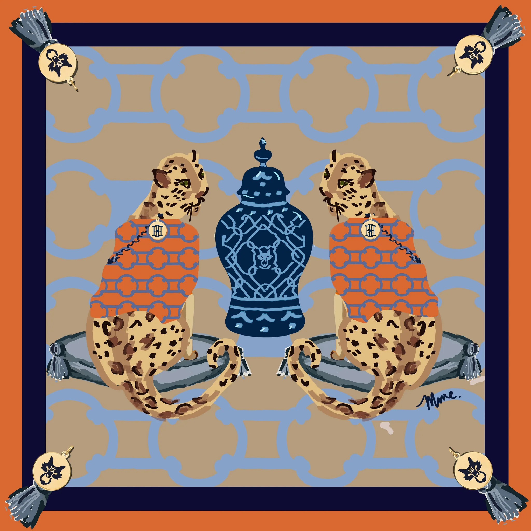 MME. SIGNATURE "LEOPARDS" IN CLEMENTINE SCARF 20"X20" | MME.MINK