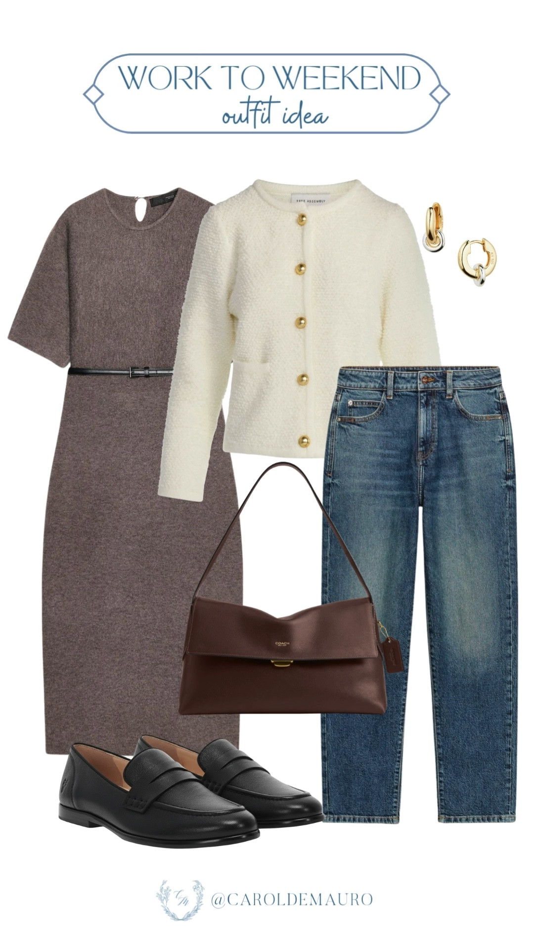 Pair a sophisticated knit midi with a textured lady jacket for a polished office vibe, then swap the dress for a relaxed denim when you're headed to brunch. Finish off your look with classic loafers and gold hoops for that effortless, pulled-together feel all week long!

work to weekend, office looks, corporate wear, modest style, casual outfit, coffee date, city girl, fashion accessories

#LTKWorkwear #LTKU #LTKSeasonal