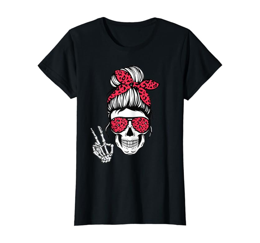 Boho Skeleton Messy Bun Bandana Halloween Apparel T-Shirt | Amazon (US)