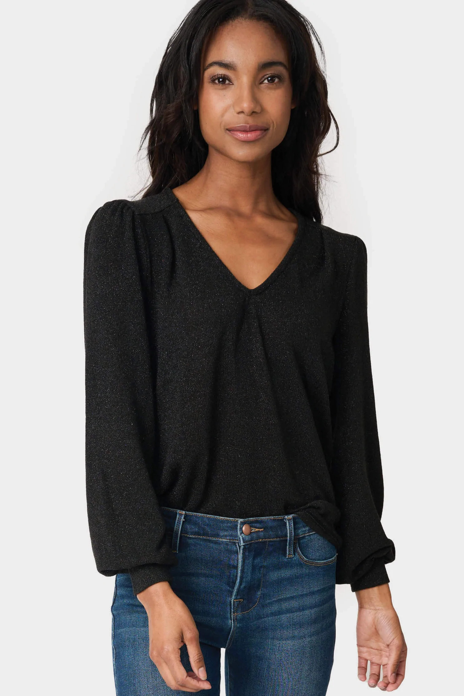 V-Neck Blouson Sleeve Shimmer Top | Gibson