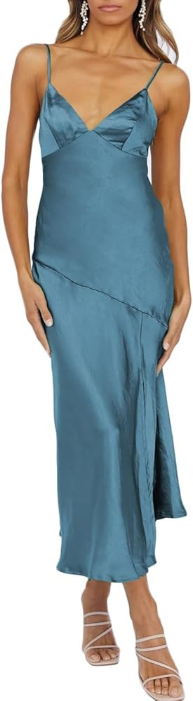 Summer Satin V Neck Silp Midi Dress for Women Wedding Guest 2025 Sexy Spaghetti Strap Backless Lo... | Amazon (US)