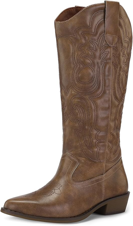 mysoft Women's Cowboy Boots Mid Calf Cowgirl Boots Embroidered Western Pointed Toe Chunky Heel Pu... | Amazon (US)
