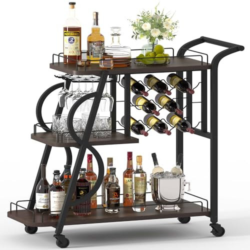 Aubtik Rustic Bar Cart, 3 Tier Rolling Bar Carts for The Home, Industrial Home Serving Cart with Wine Glass Holder, Wood Metal Liquor Trolley, Mobile Beverage and Drink Carts (Walnut Brown) | Amazon (US)