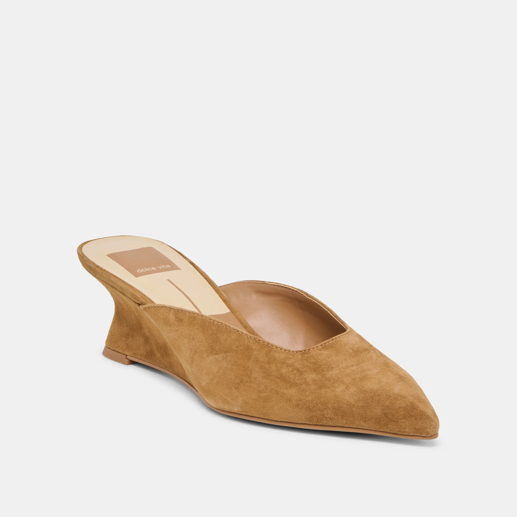 CAMY Cognac Suede Closed-Toe Slip-On Wedge Mules | Dolce Vita | DolceVita.com