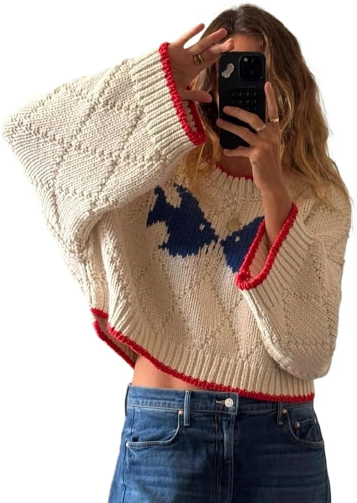 Women Cute Fish Knit Sweater Y2k Graphic Oversized Knitwear Pullover Crew Neck Aesthetic Whimsigo... | Amazon (US)