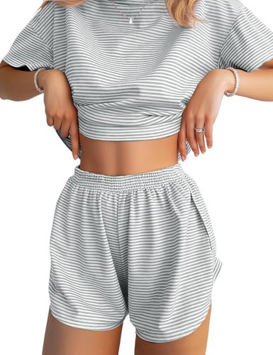 JUSTFASHIONNOW Womens Short Pajamas Set 2 Piece Lounge Set Women Stripe Print Short Sleeve Split Shorts Sets Casual Summer Shorts Sets Comfy Loungewear Outfits Light Gray XXL | Amazon (US)