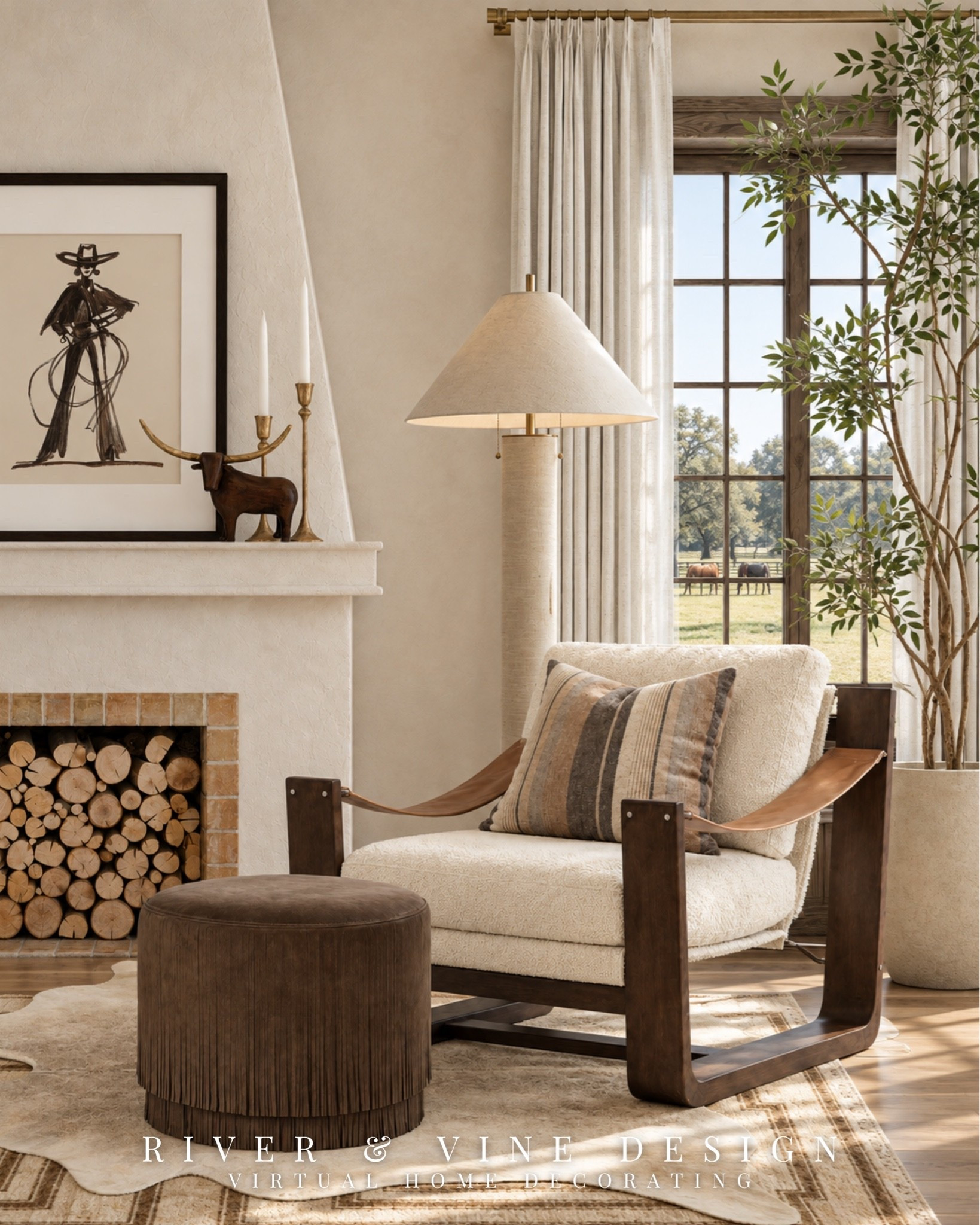 Not every corner of a bedroom needs more furniture. Sometimes it just needs one really good place to sit.

I wanted this side of the room to feel quieter than the bed wall while still carrying the same warm, tailored character. A sculptural wood-and-leather chair creates the anchor, the oversized floor lamp adds height, and the striped pillow pulls in pattern without overwhelming the softer upholstery.

The plaster fireplace, stacked logs, Western artwork, warm wood window trim, and layered rugs give the space that relaxed Texas-estate feeling without making it feel overly themed. Even the view outside becomes part of the palette.

It’s a reminder that a reading corner doesn’t need much—just the right scale, texture, lighting, and a little breathing room.

Would you rather have this corner in your bedroom or your living room?

Affiliate links may be included. I may earn a commission from qualifying purchases at no additional cost to you.

 bedroom reading corner, Texas estate interior, Western interior design, modern ranch decor, luxury ranch house, accent chair styling, plaster fireplace, layered neutral interiors, equestrian decor, warm wood interiors, designer reading nook, organic contemporary interiors, rustic luxury home, Western home inspiration

#LTKHome