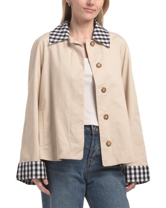 Cropped Trench Jacket With Hidden Placket And Gingham Collar | TJ Maxx