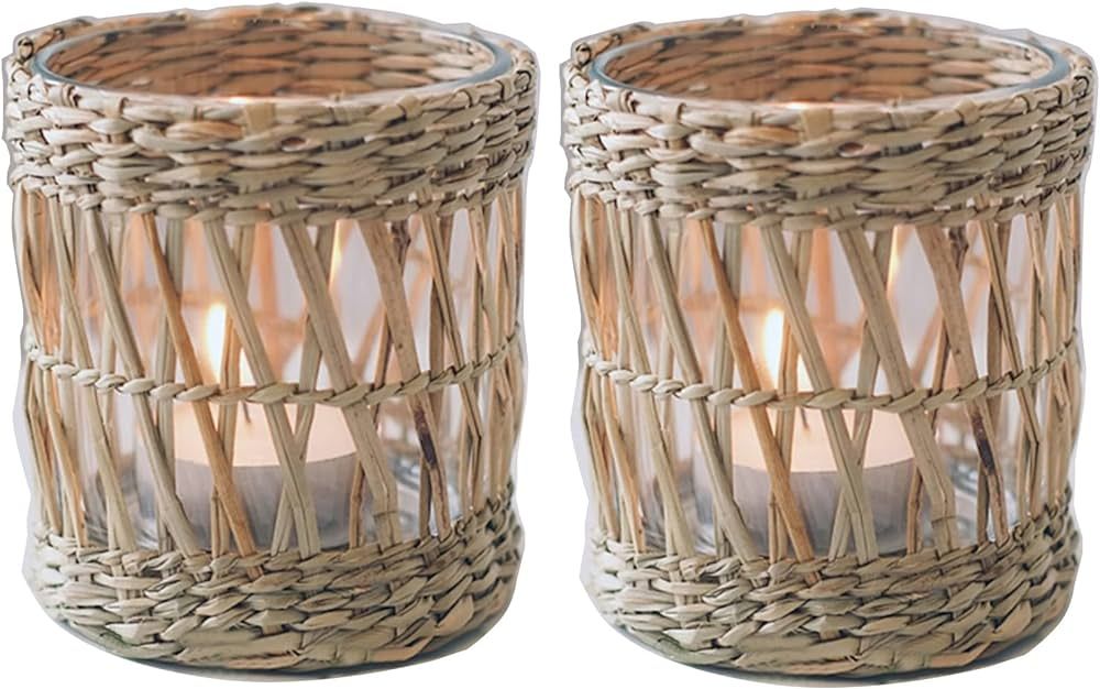 Pack 2 Wicker Woven Tea Light Candle Holder, Decorative Handcraft Woven Votive Candle Holder, Rus... | Amazon (US)