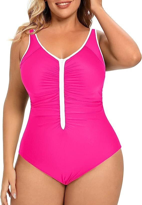 Daci Women Plus Size One Piece Zipper Swimsuits Ruched Tummy Control Bathing Suit Push Up Swimwea... | Amazon (US)