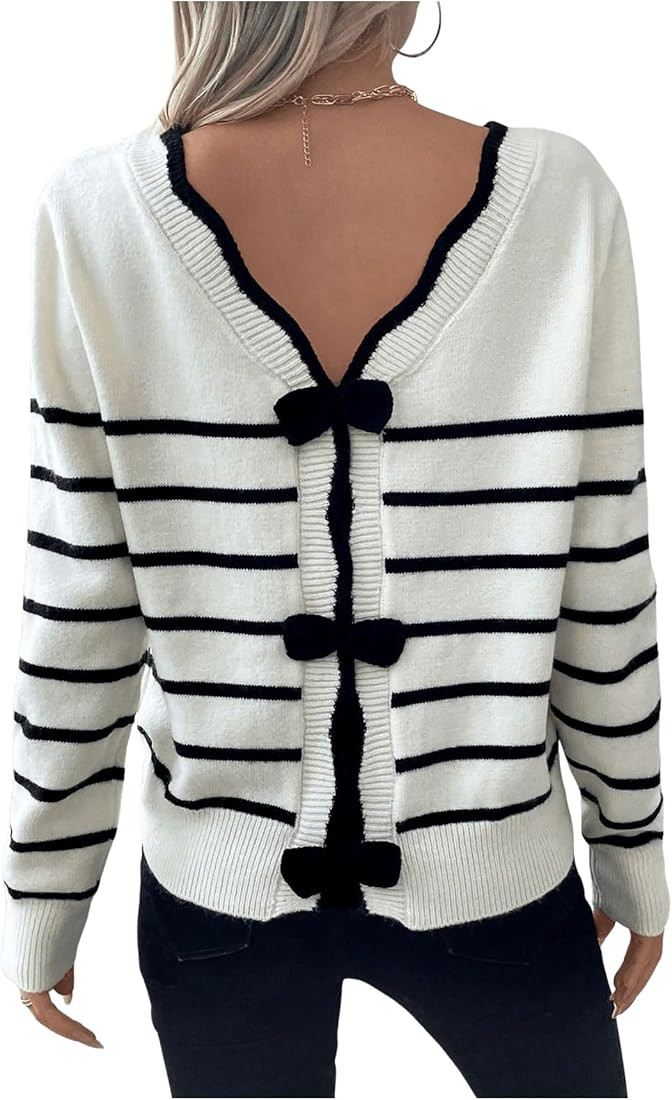 GORGLITTER Women's Striped Bow Sweater Backless V Neck Long Sleeve Pullover | Amazon (US)