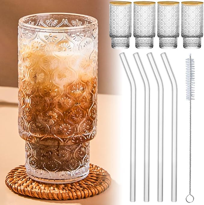 16oz Glass Cups with Bamboo Lids and Straws(4pcs), Thickened Coffee Cups, Embossed Vintage Drinki... | Amazon (US)