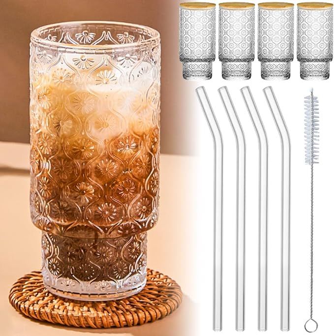 16oz Glass Cups with Bamboo Lids and Straws(4pcs), Thickened Coffee Cups, Embossed Vintage Drinki... | Amazon (US)