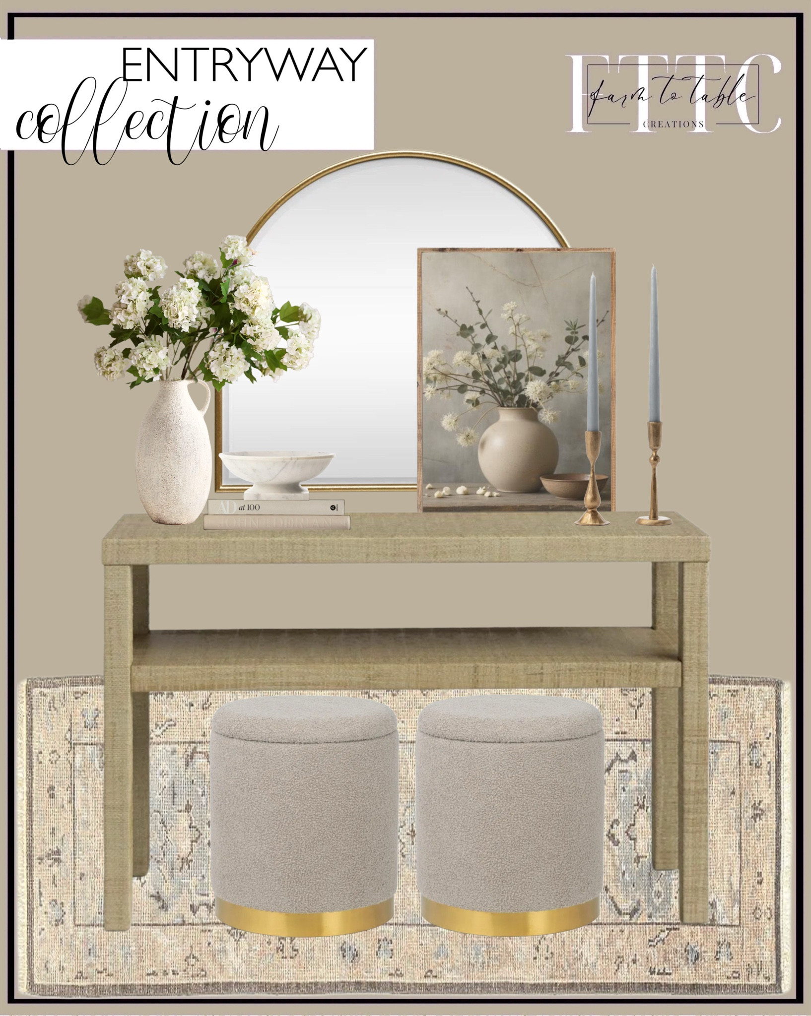 Curated Console Table. Follow @farmtotablecreations on Instagram for more inspiration.

‼️Use code FARMTOTABLE for 15% off framed art. 

Sensie 47'' Console Table. Claire Hand Knotted Rug. Faux Snowball Hydrangea. Metal Arch Mirror. Tayva Bowl. Antique Brass Taper Candleholders. Gray Taper Candles. Round Storage Ottoman. Coffee Table Books. Antiguo White Terracotta Vase 18"  

Console Table | Dining Room | Dining Room Artwork | Bathroom Finds | Bedroom Finds | Bedroom Furniture | nightstands | Home Decor| Fireplace Decor | Spring Refresh |  Bedroom Finds | Neutral Stems | Spring Stems | Bookshelf Decor | Bedroom Space | Cozy  Corner | Bathroom | Curated Entryway | Spring  Decor | End of Year Clearance | Trending Decor | Viral Decor  | Coffee Table Decor | Neutral Decor | Fall Stem Sale | Target Finds | Skinny Bench | Bedroom | Living Room | Breakfast Nook | Amazon Home | Target Sale | Loloi Rugs | Magnolia Home | console table | console table styling | faux stems | entryway space | front porch decor | neutral decor | entryway decor | cozy home | affordable decor |  home decor | home inspiration | console styling | entryway rug | cozy moody home | moody home decor | neutral home | bathroom decor | living room | spring decor | Hearth & Hand | Studio McGee | 2025 Home Trends | trending home | Crate&Barrel 


#LTKSaleAlert #LTKHome #LTKFindsUnder50
