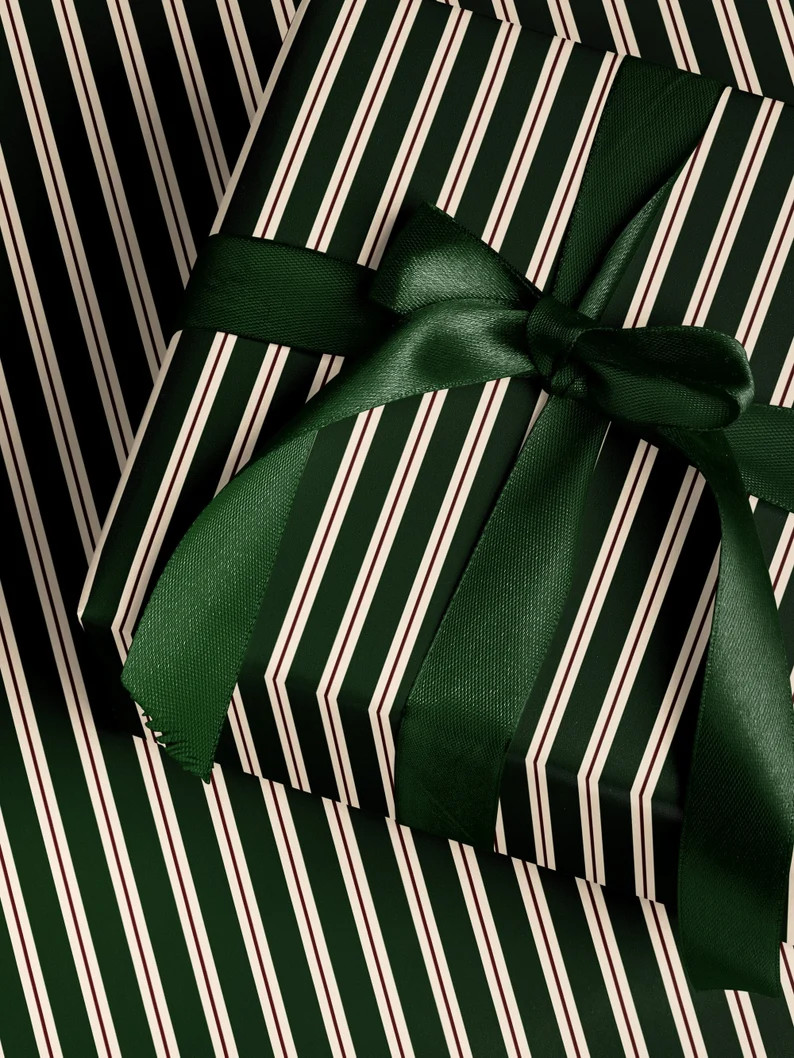 Striped Wrapping Paper Holiday Gift Wrap Green Gift Wrap Elegant Christmas Gift Wrap Vintage Gift... | Etsy (US)