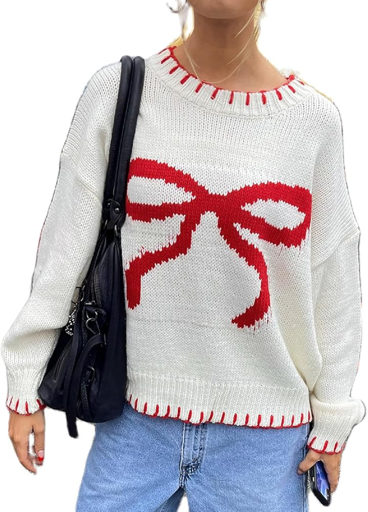 Women Bow Knit Sweater Cute Y2k Crew Neck Long Sleeve Knitted Pullover Top Oversized Going Out Kn... | Amazon (US)