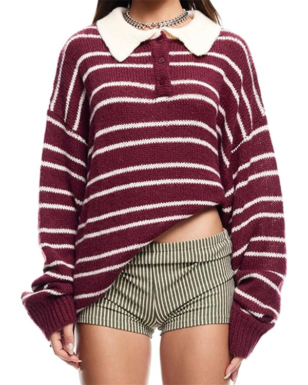 Women Striped Rugby Sweater Y2k Lapel Polo V Neck Long Sleeve Stripes Knit Pullover Tops Vintage ... | Amazon (US)