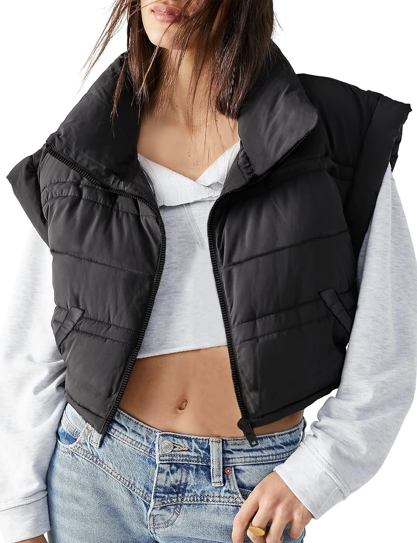 Ailoqing Womens Quilted Cropped Puffer Vest Sleeveless Zip Up Stand Collar Padded Gilet | Amazon (US)
