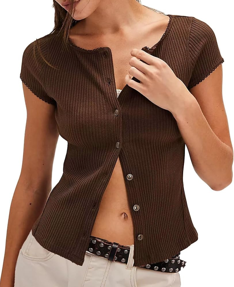 Womens Y2k Slim Fitted Shirts Short Sleeve Trendy Cardigan Summer Button Down Blouses Casual Ribb... | Amazon (US)