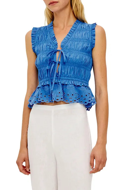 Rails Martine Eyelet Smocked Ruffle Cotton Crop Top in Harbor Blue at Nordstrom, Size Small | Nordstrom