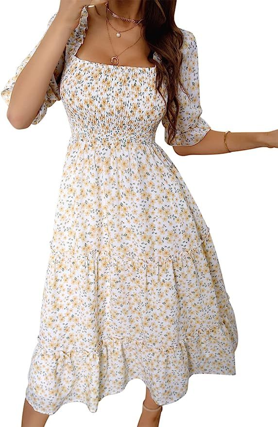 TEMOFON Women's Floral Print Dresses Square Neck Short Sleeve Dress Casual Flowy Midi Dresses S-X... | Amazon (US)