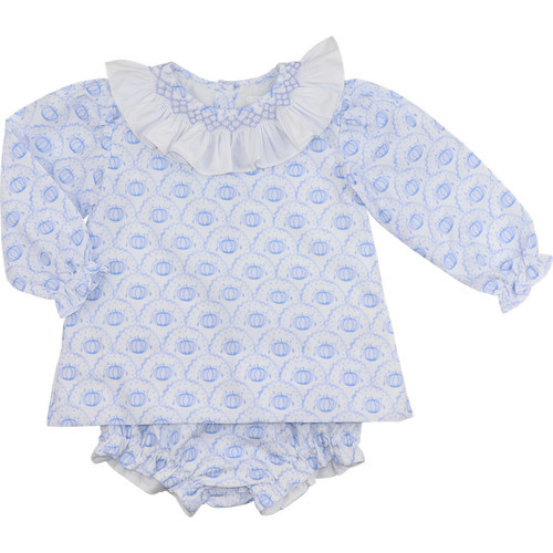 Blue Smocked Scalloped Pumpkin Diaper Set | Cecil and Lou