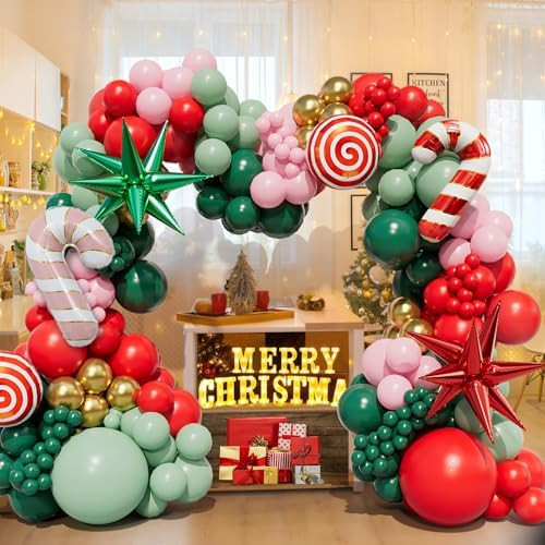 163PCS Christmas Balloon Garland Arch kit with Red Green Pink Gold Christmas Balloons Candy Cane ... | Amazon (US)