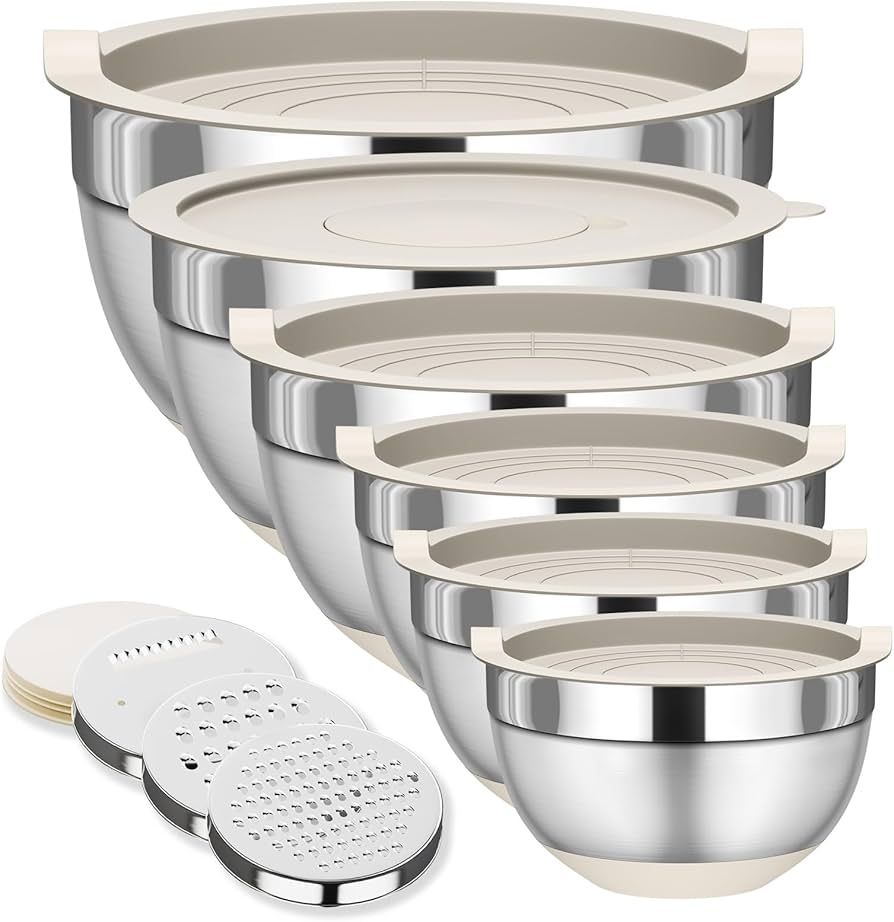 Mixing Bowls with Lids Set, 6 Piece Stainless Steel Nesting Storage Bowls for Kitchen, with 3 Gra... | Amazon (US)