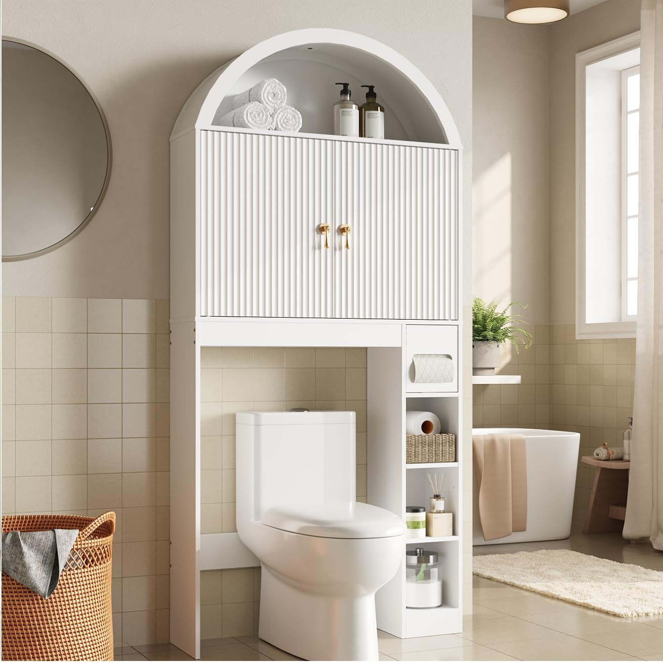 HOOBRO Over the Toilet Storage Cabinet, 67.7'' Tall Bathroom Organizer with Wave Doors, Arched Design with Adjustable Shelf, Toilet Paper Holder, Freestanding Cabinet for Narrow Space, White WT26TS01 | Amazon (US)