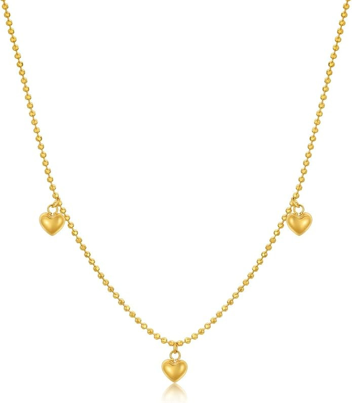 18K Yellow Gold Heart Necklace for Women, Real Gold Italian Beads Chain Puffed Heart Pendant Neck... | Amazon (US)