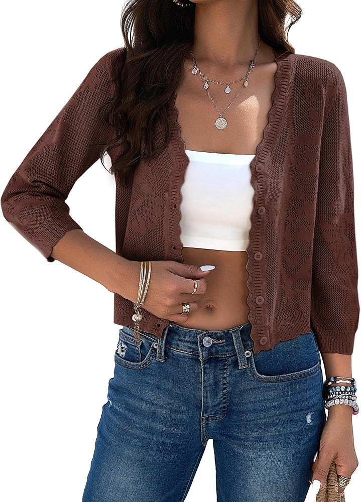 Women Crop Cardigan Sweaters Lightweight 3/4 Sleeve Button Up Crochet Shrug | Amazon (US)