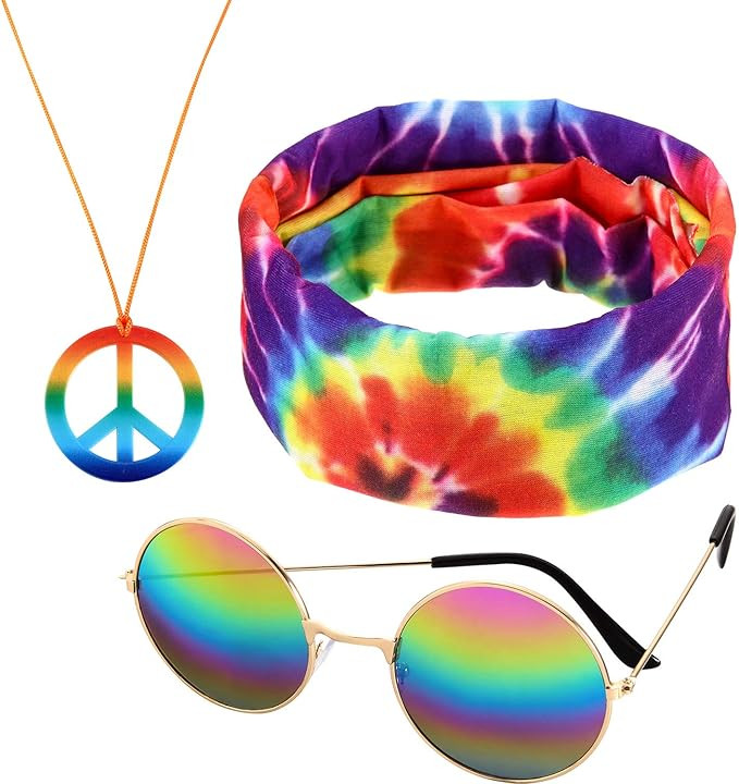 Frienda 3 Pcs Hippie Accessories Costume 70s Tie Dye Leopard Outfits Hippie Headbands for Men Pea... | Amazon (US)