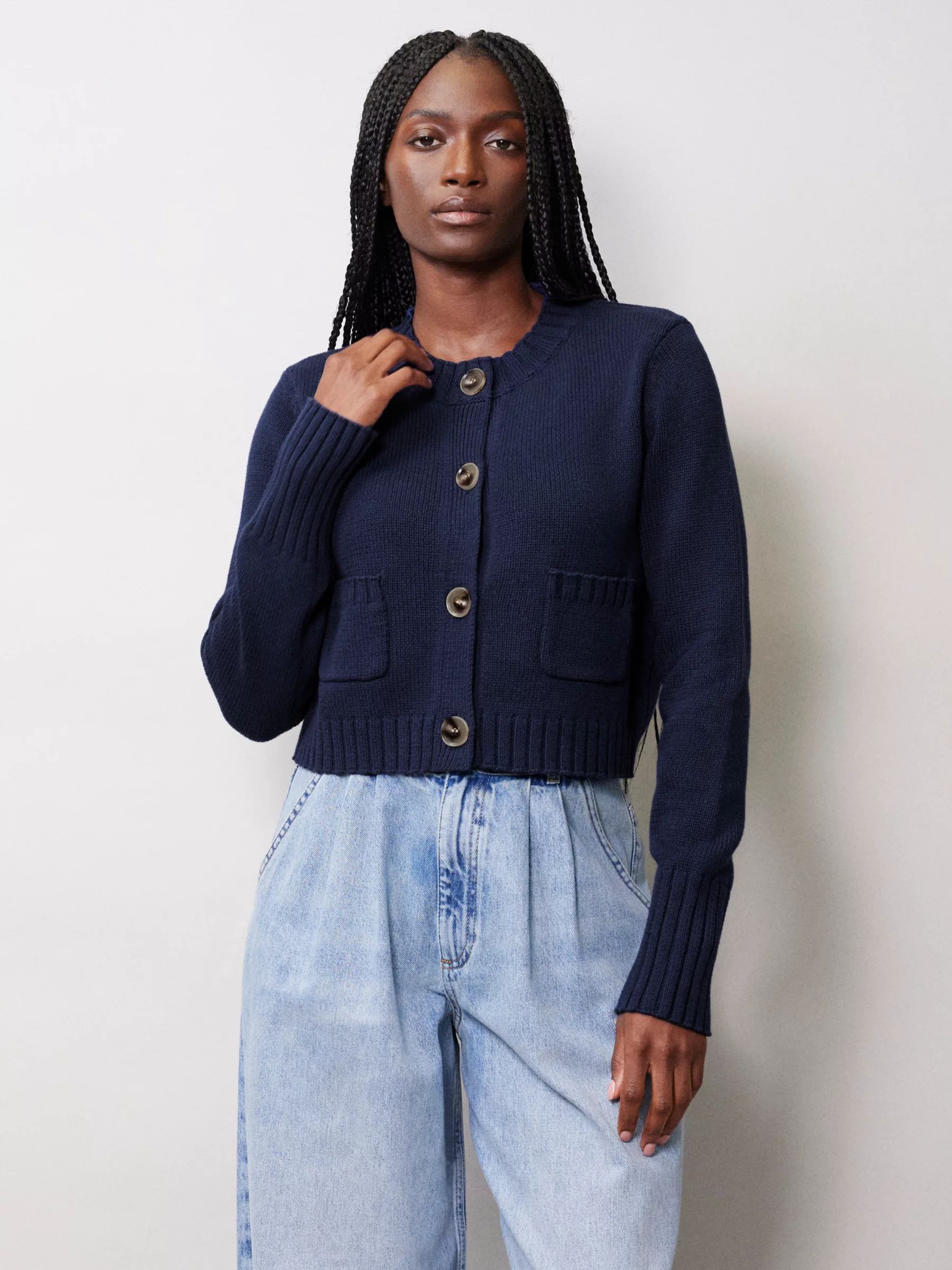 Albaray Cotton Cropped Cardigan, Navy | John Lewis (UK)