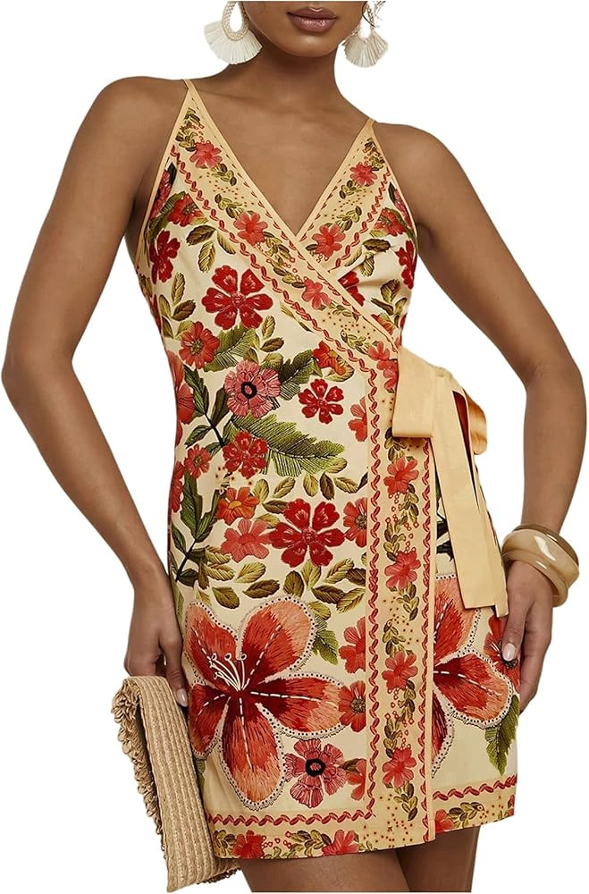 Women's Tropical Print Cami Dress Sleeveless Wrap V Neck Tie Knot Boho Short Dresses | Amazon (US)