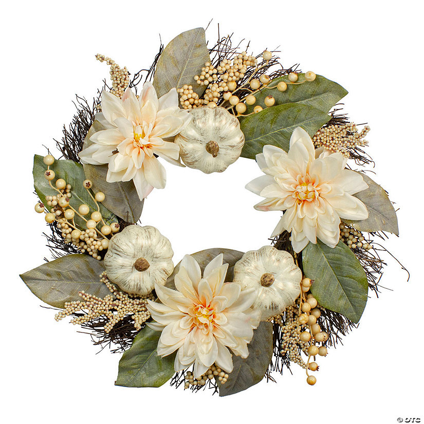 Dahlia and Pumpkin Fall Artificial Floral Wreath 22-Inch | Oriental Trading Company