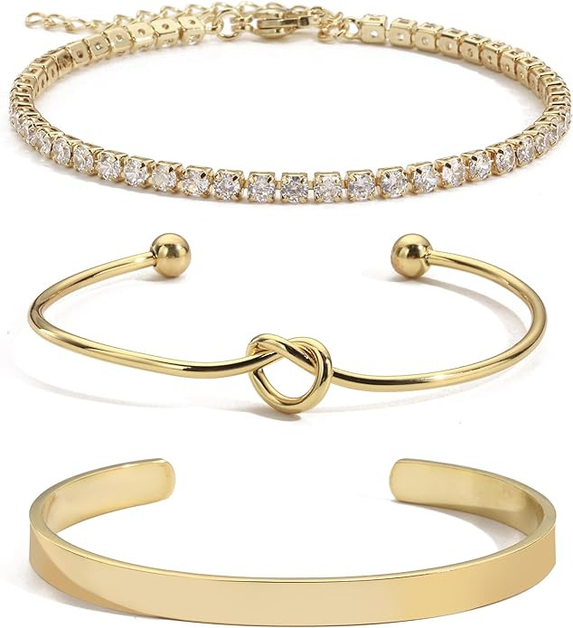 Gold Bangle Bracelets for Women Non Tarnish, 18k Gold Bracelet Stack Layered Chunky Cuff Bracelet... | Amazon (US)