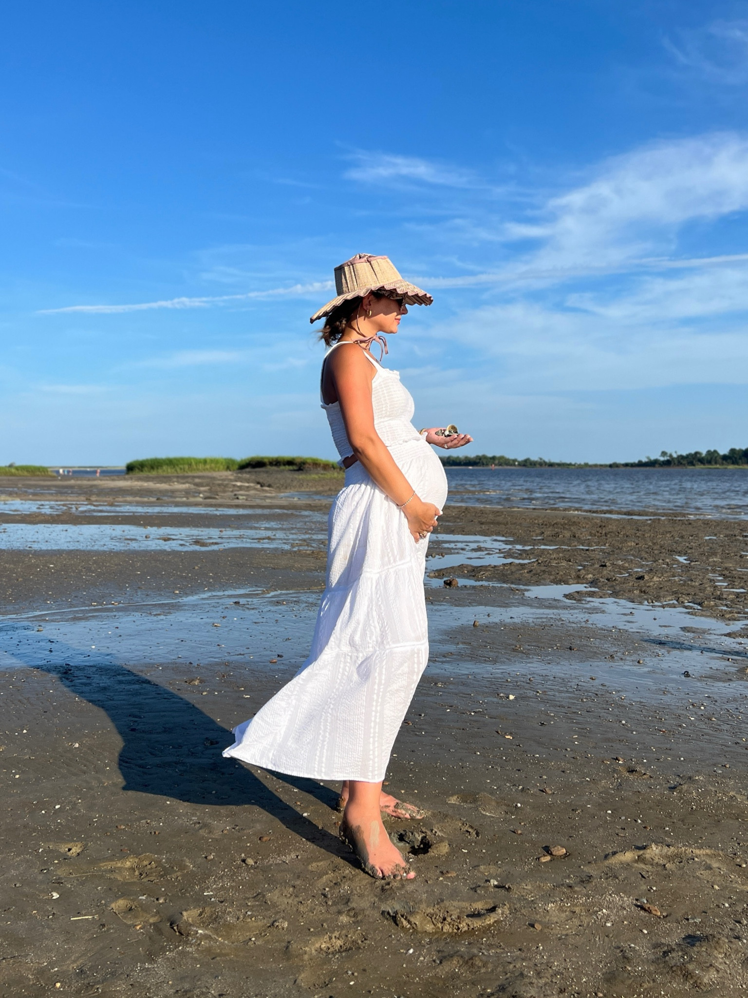 White maternity set (I LIVE in this set), pleated bucket hat, floral sunglasses

#LTKBump