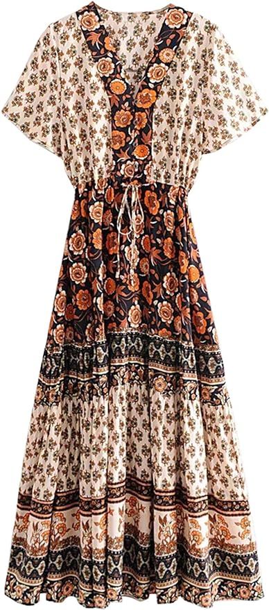 R.Vivimos Women's Short Sleeve Floral Print Summer Dress Casual Boho Midi A Line Dress | Amazon (US)