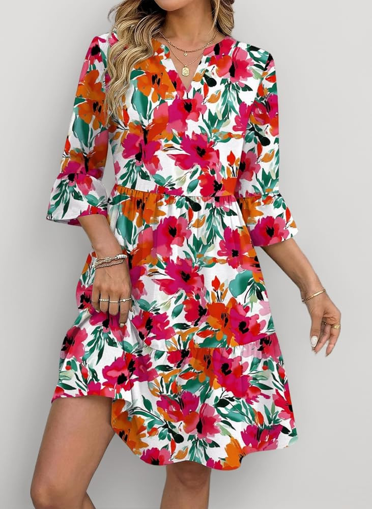 Zeagoo Sommerkleid Damen V-Ausschnitt 3/4 Arm A-Linie Knielang mit Taschen | Amazon (DE)