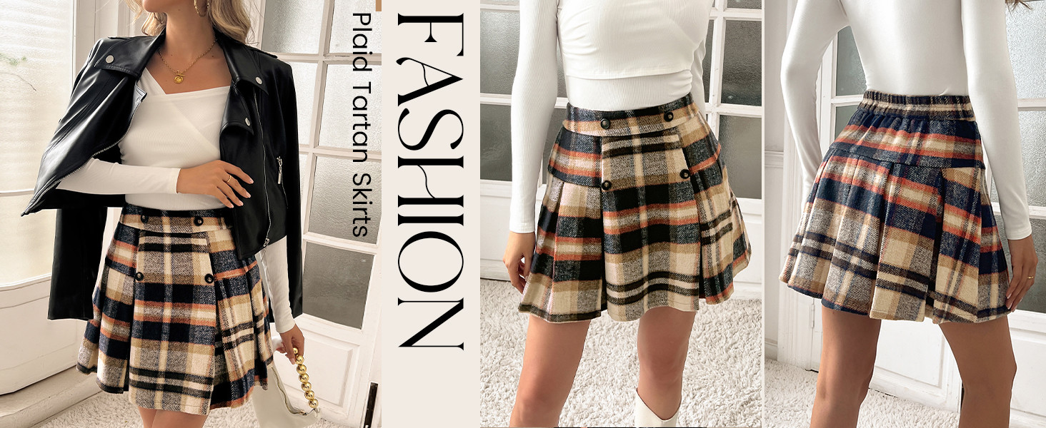Kate Kasin 2024 Women's Pleated Plaid Mini Skirt High Waist A-Line Fall Winter Casual Skirts | Amazon (US)