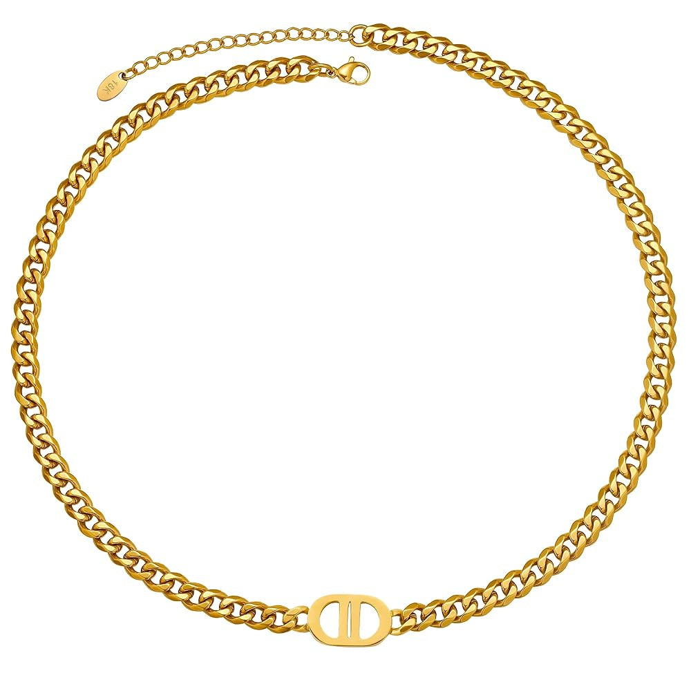 Womens 18K Real Gold Plated Initial Necklace Choker with Double D Letter, 6mm 316L Stainless Stee... | Amazon (US)