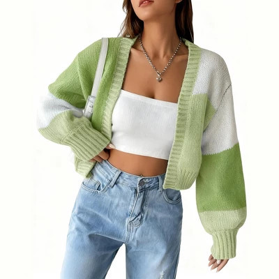 Women's Color Block Cropped Cardigan Open Front Long Sleeve Lightweight Knit Sweater Green XXL | Target