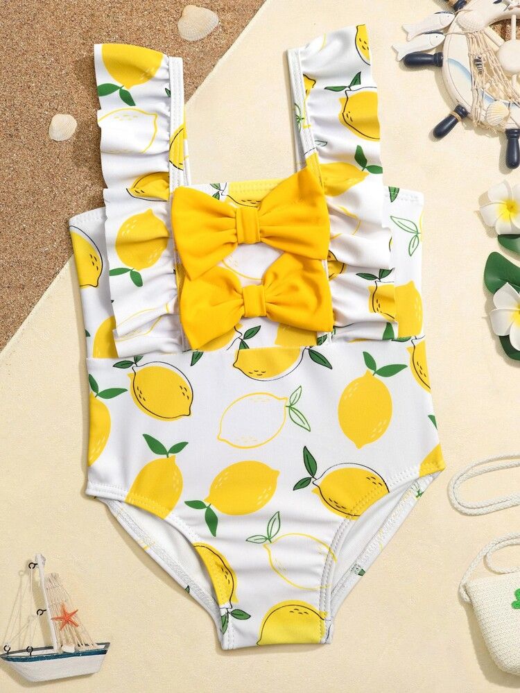 Baby Girl Lemon Print Bow Front Ruffle Trim One Piece Swimsuit | SHEIN