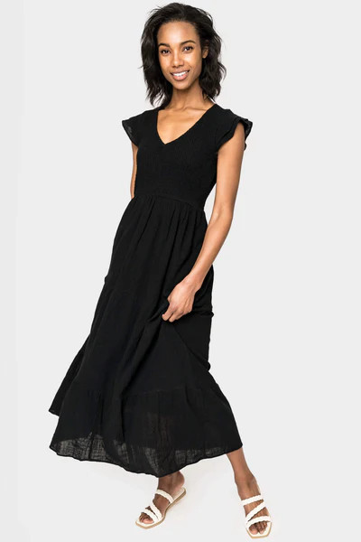 Flutter Sleeve Smocked V-Neck Tiered Maxi Dress | Gibson