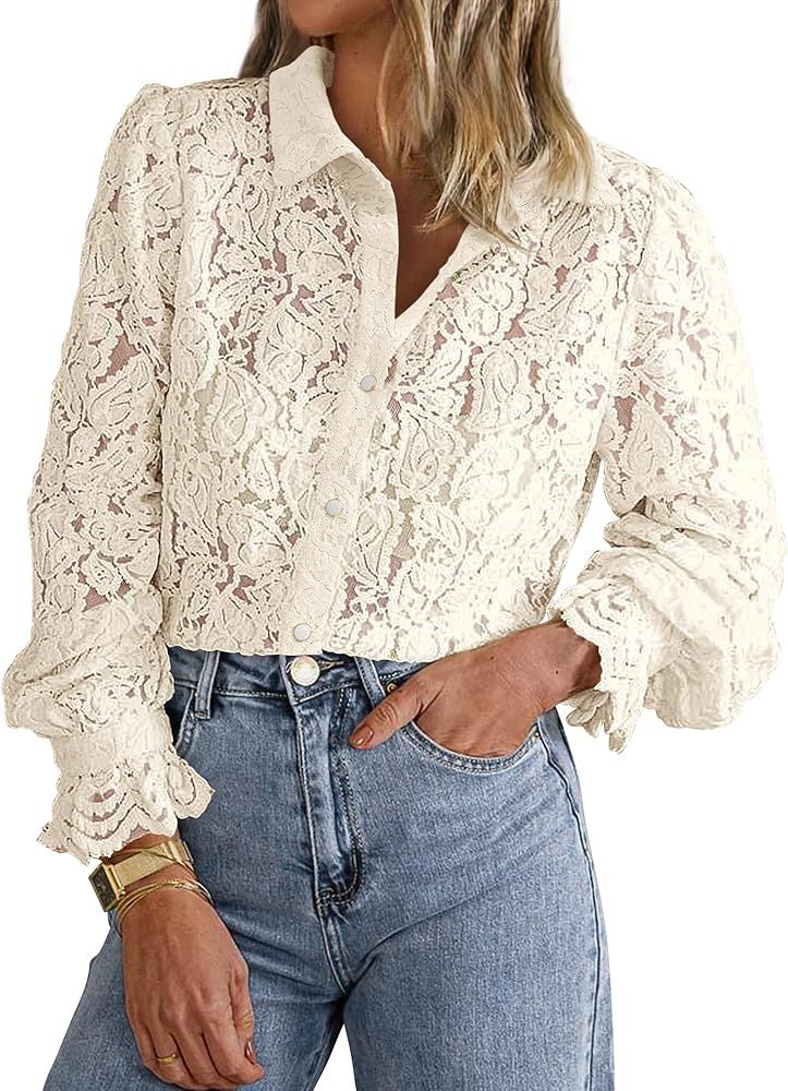 BTFBM Long Sleeve Lace Blouses for Women 2024 Fall Dressy Casual Button Down Shirts Date Night Ou... | Amazon (US)