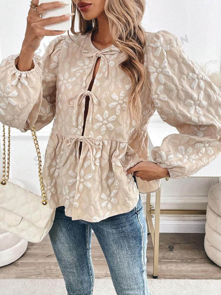 SHEIN Clasi 1pc Women Floral Textured Fabric Tie Bow Long Sleeve Blouse,Long Sleeve Tops | SHEIN