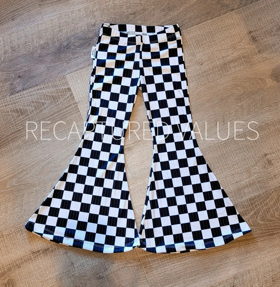 Groovy Retro Hippie Black & Ivory Checkered Flared Bell Bottoms for Baby and Toddler Girls, Monoc... | Etsy (US)