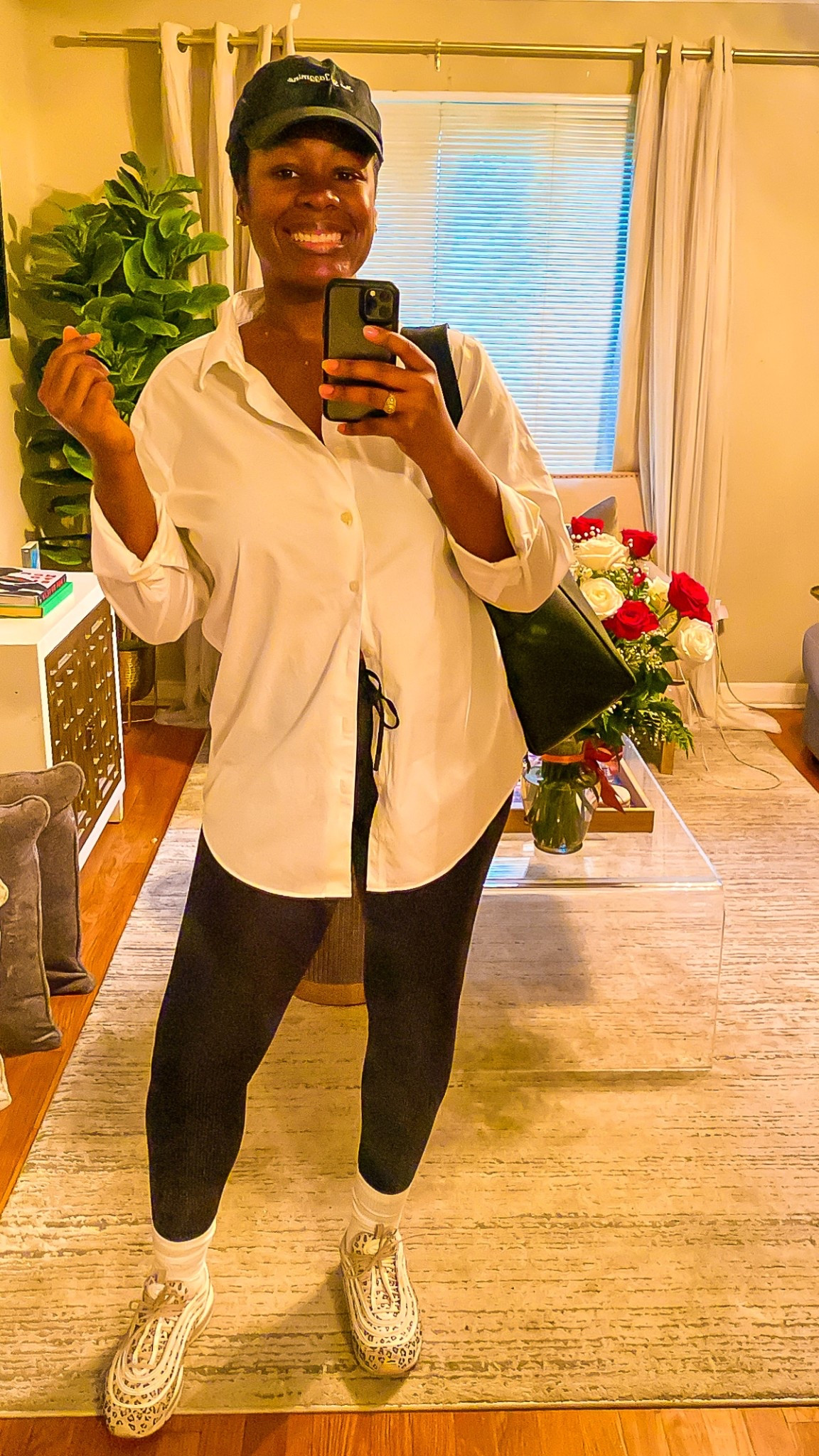 Running errands men’s button down oversized ribbed leggings leopard print sneakers casual daytime outfit