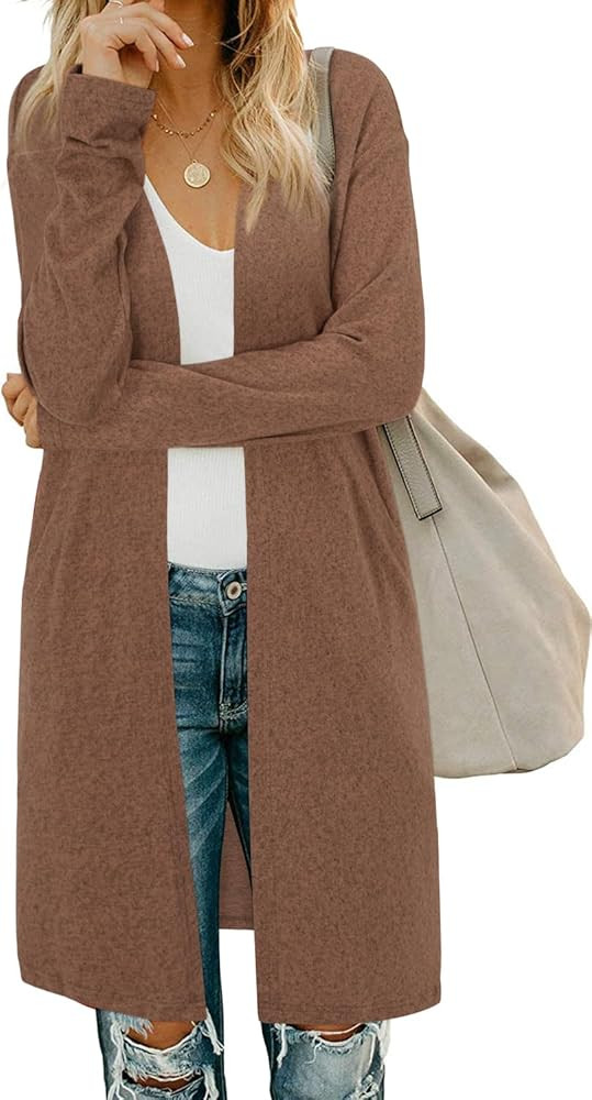 OUGES Women's Open Front Cardigan Shirt with Pockets Long Sleeve Lightweight Coat | Amazon (US)